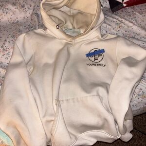 Off-White Cream Hoodie with Blue Tape "YOURS TRULY" Chest Print